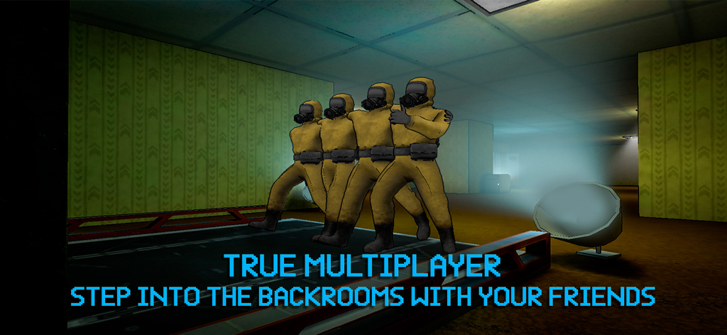 Backrooms Union Multiplayer - 黄色い防護服を着た4人のプレイヤーが、黄色いリミナルスペースの部屋に立っている
