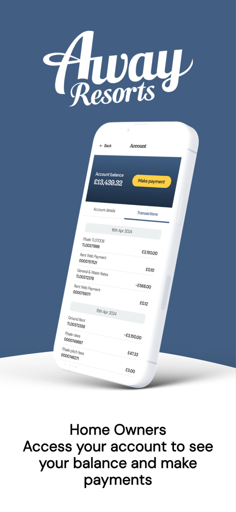 Away Resorts - Away Resorts app owner account screen showing balance and transaction history