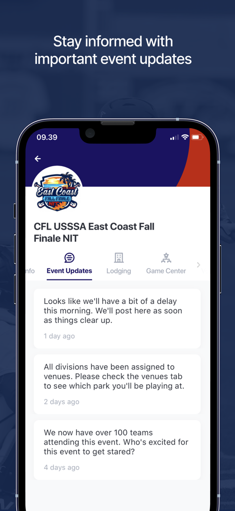 Smartphone display of the USSSA app showing real-time event updates and tournament notifications
