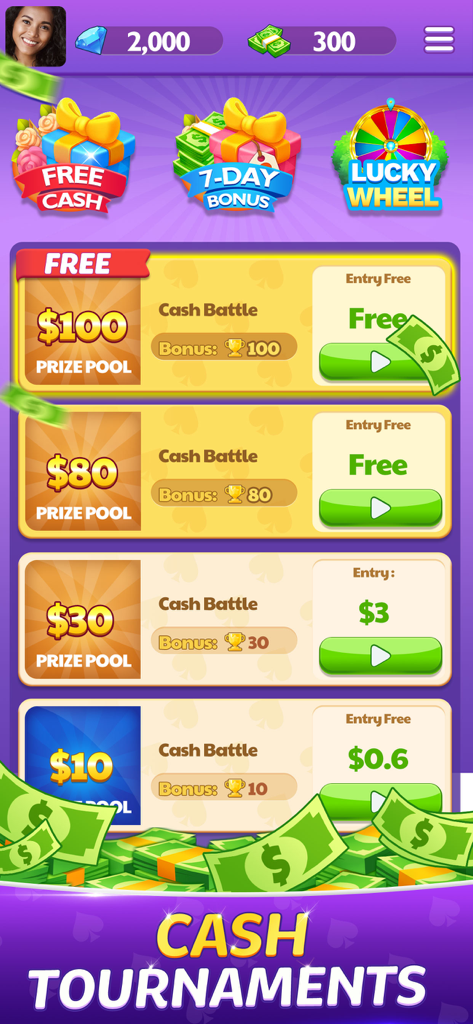 Mobile app screen showing a list of Spades cash tournaments with various prize pools and entry fees