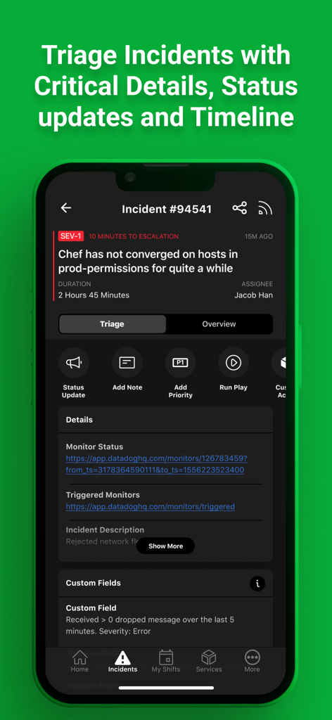 Pantalla de la aplicación móvil PagerDuty para triar un incidente de alta prioridad con actualizaciones de estado y detalles.