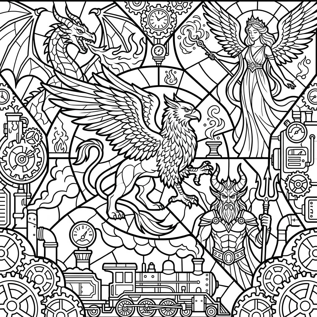 Fantasy Steampunk Stained Glass Coloring Page | Mythical Art