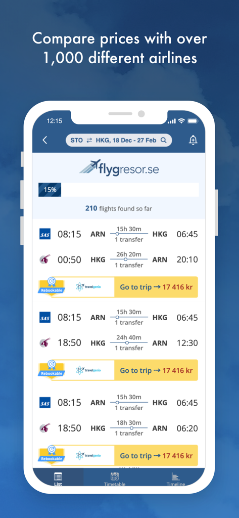 Flygresor.se app interface showing flight search results with prices and airline options