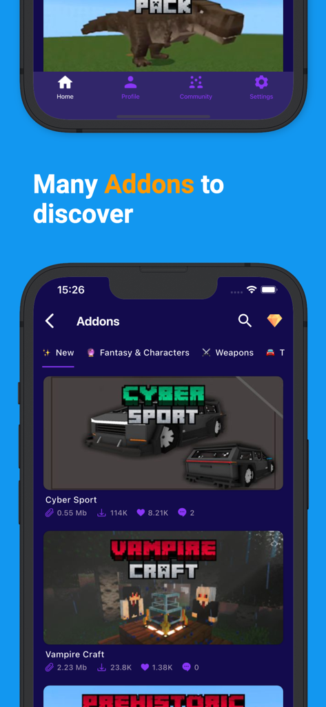 Mods, Skins for Minecraft PE - サイバ​​ースポーツカーやヴァンパイアクラフトのテーマを含むMinecraft PEアドオンのリストを表示するモバイルアプリのインターフェース。
