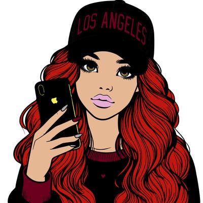 realistic beautiful girl wearing los ángeles cap holding an iphone