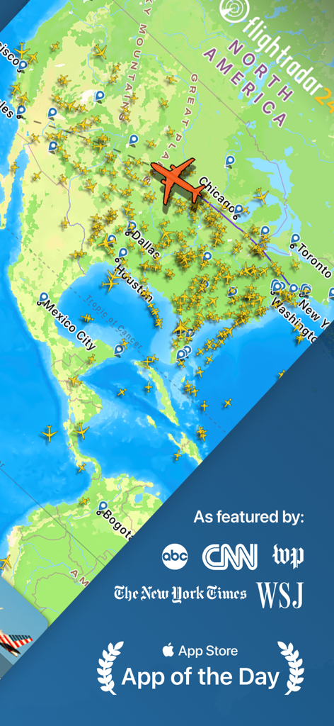 Flightradar24 app interface showing real-time aircraft tracking on a map of North America with news media endorsements