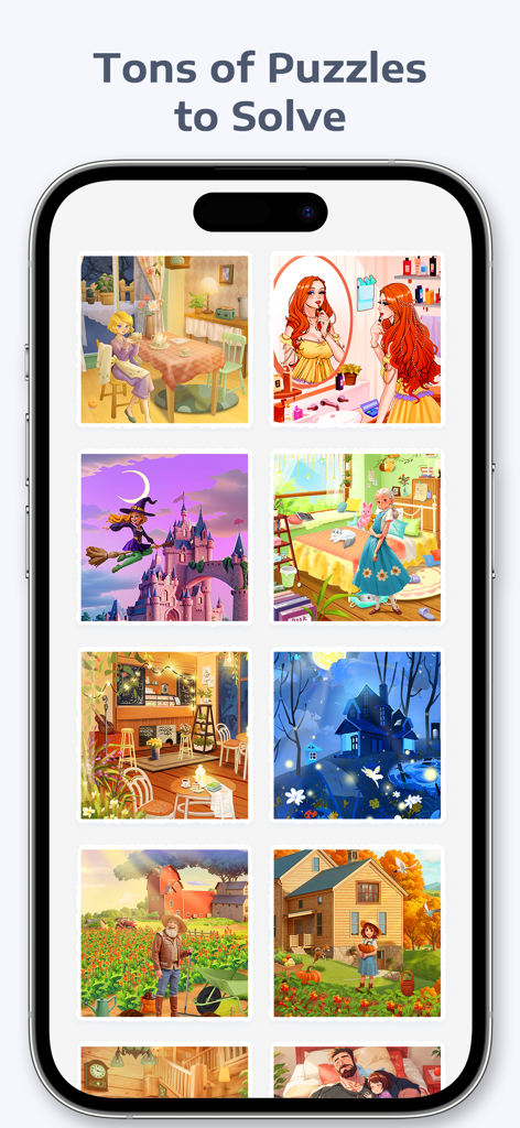 Jigsaw Art® - Puzzle Art Games - Uma tela de celular mostrando uma grade de diversos quebra-cabeças de arte coloridos desenhados à mão para resolver