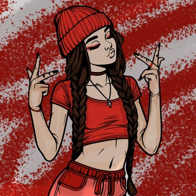realistic teenage girl with braids and a beanie and crop top doing 🫶🏼