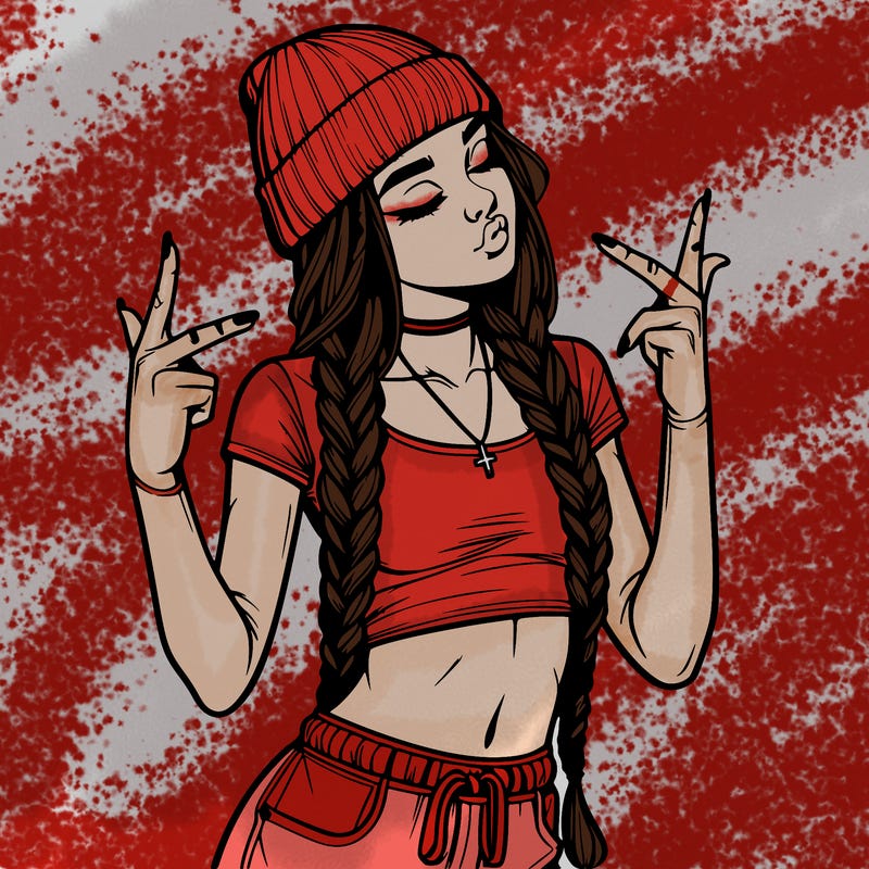 realistic teenage girl with braids and a beanie and crop top doing 🫶🏼