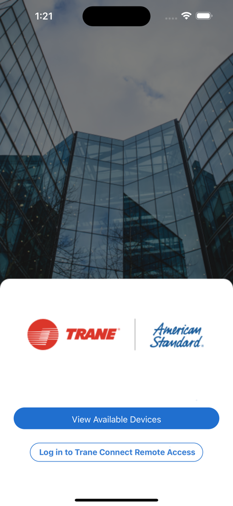 Symbio® Service & Installation - Launch screen of the Symbio Service and Installation app featuring Trane and American Standard logos