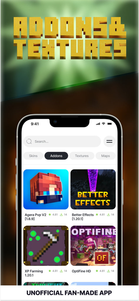 Mobile app interface for All MCPE Addons for Minecraft showing various mods and texture packs