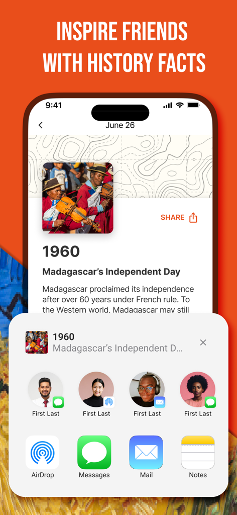 Factorium: Daily History Facts - Factorium アプリのインターフェイス。マダガスカルに関する歴史的事実とモバイル共有メニューが開いた状態が表示されています。