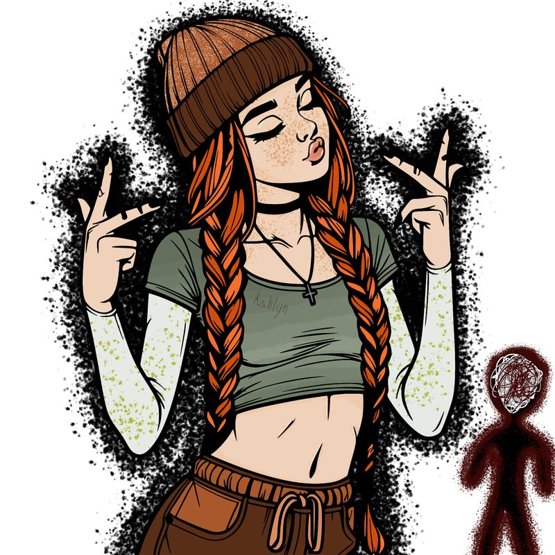 realistic teenage girl with braids and a beanie and crop top doing 🫶🏼
