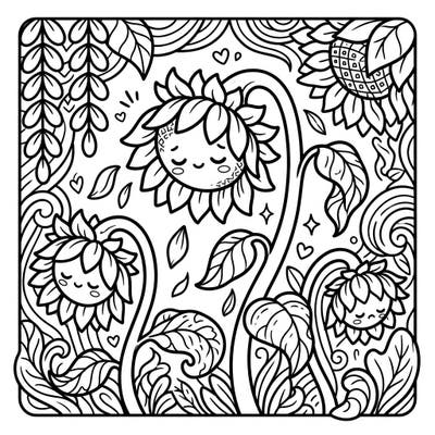 Embrace the beauty of nature's cycle with this charming Kawaii Wilting Sunflowers coloring page. Each adorable, sleepy sunflower invites you to add a touch of color and bring a gentle scene to life.