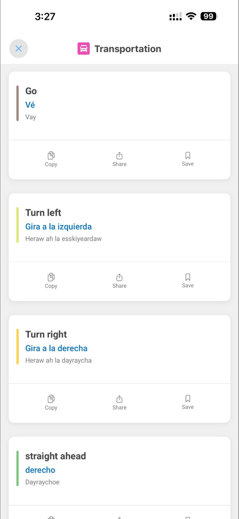 Dictionary & Translator Pro - A mobile screen showing Spanish translations for transportation phrases like Turn left and Turn right with phonetic pronunciation guides