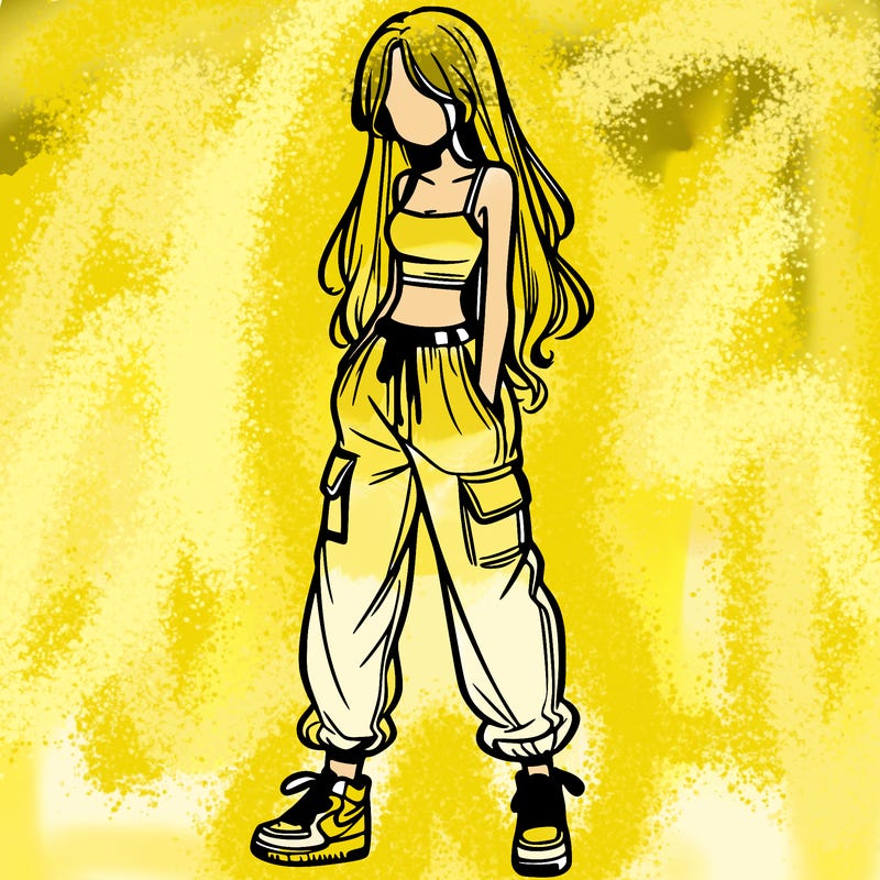 girl in baggy pants crop top and long hair