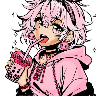 hot baddie anime girl drinking boba and biting the straw