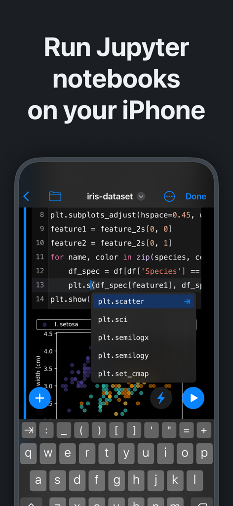 Juno – Python and Jupyter - Interfaz de la aplicación Juno ejecutando notebooks de Jupyter y código Python en iPhone con visualización de datos.