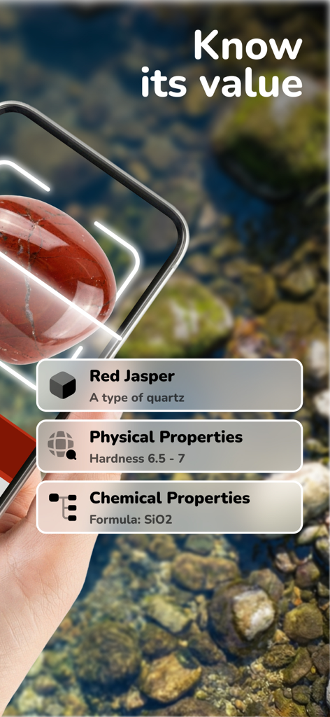 Rock and Mineral Identifier AI - Un smartphone identificando una piedra de jaspe rojo usando IA mostrando sus propiedades físicas y químicas