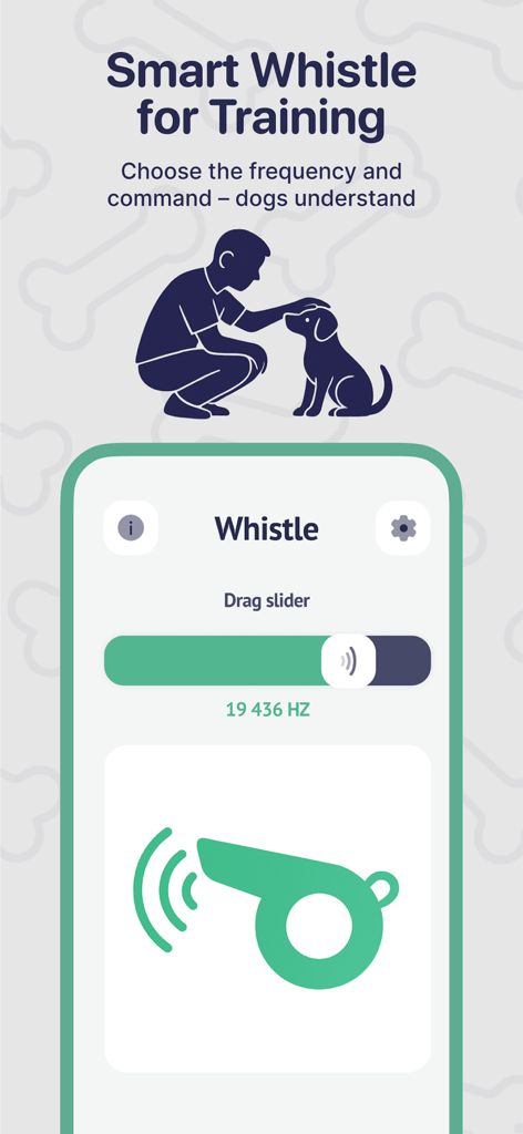 Woofi Dog Translator smart whistle feature showing a frequency slider for dog training and interaction