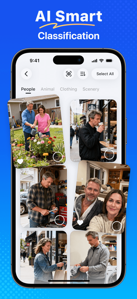 Tidyfoto: Clean Up Storage - iPhone screen displaying Tidyfoto app with AI smart classification organizing photos of people into a curated gallery.