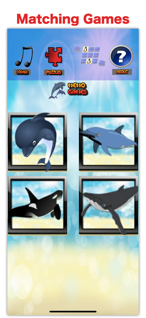 Sea World Kids app matching game menu with illustrations of dolphins and whales