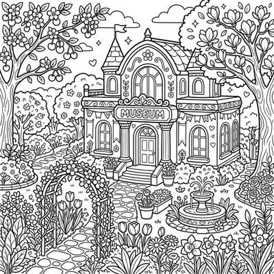 Step into a delightful world with our Kawaii Spring Museum coloring page, bursting with adorable details and blooming flora. Perfect for a relaxing and creative journey through a charming springtime scene.