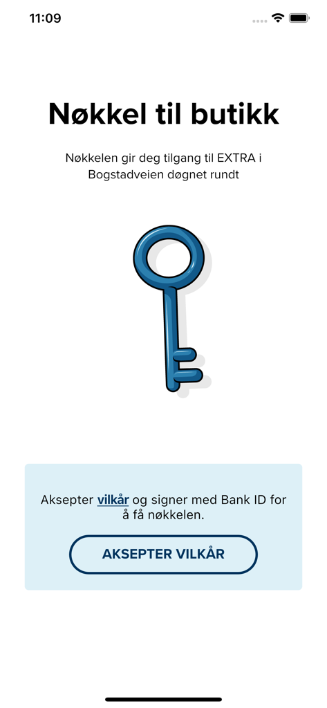 Coop Key 앱 온보딩 화면, 파란색 열쇠 아이콘과 24시간 자율 매장 출입 약관 동의 버튼 표시