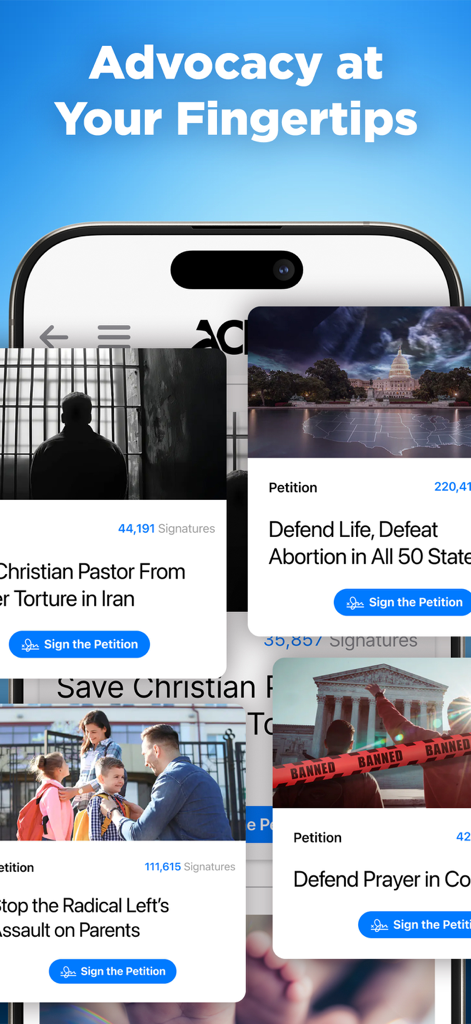 ACLJ - ACLJ app interface displaying petitions for religious freedom and life advocacy