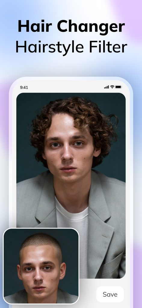 HairApp: AI Hairstyle Try On - A male user demonstrating a curly hair transformation from a buzz cut using the HairApp AI hairstyle filter.