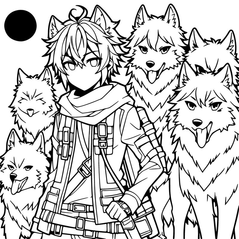 anime wolf boy with a pack of wolves