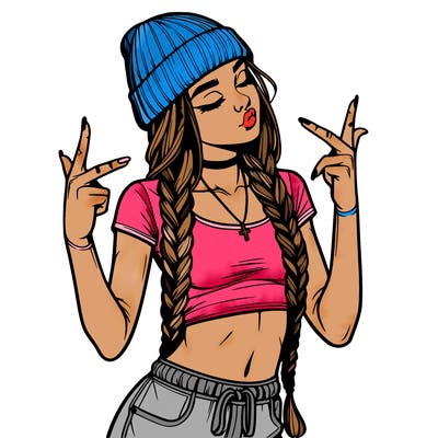 realistic teenage girl with braids and a beanie and crop top doing 🫶🏼