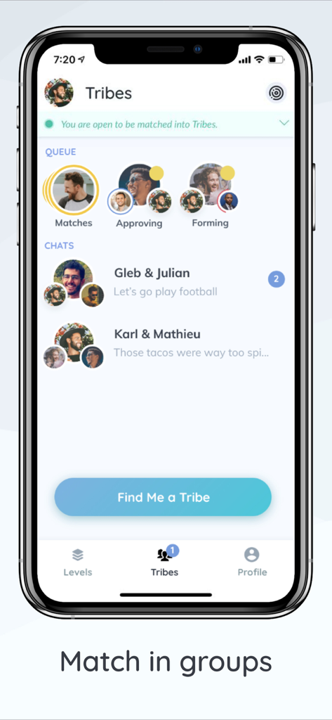We3: Meet New People in Groups - Interface of the We3 app showing group matches and tribe chat history.