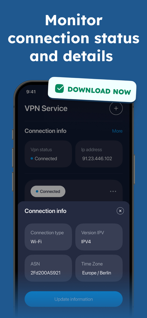 Anti-Hacker VPN Pro - Anti-Hacker VPN Pro app interface displaying detailed connection information including status, IP address, and network type