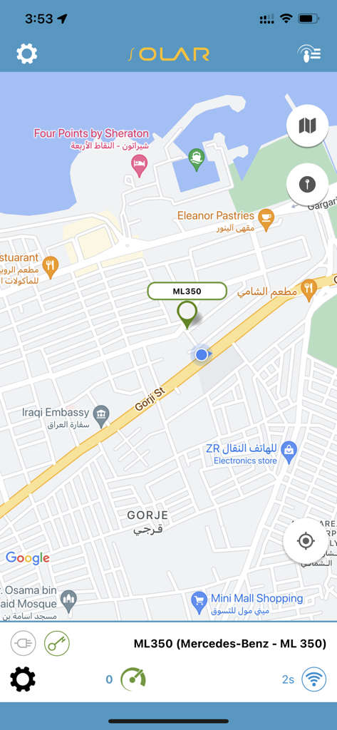 Interfaccia della mappa live del Sistema di Tracciamento Veicoli Solare che mostra la posizione di una Mercedes Benz ML350