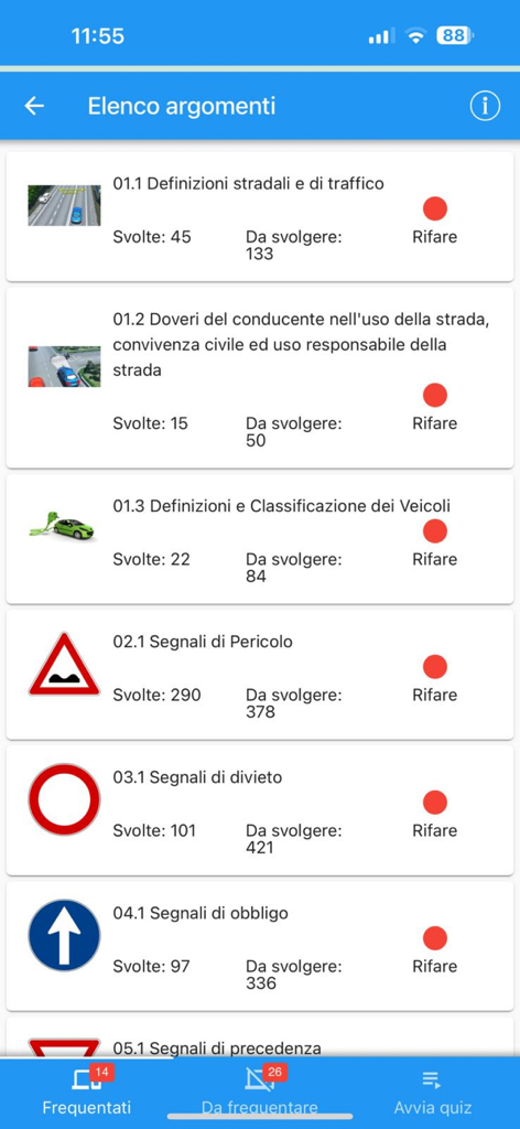 iPatente Quiz - Screenshot of iPatente Quiz app displaying a list of Italian driving license study topics and quiz progress