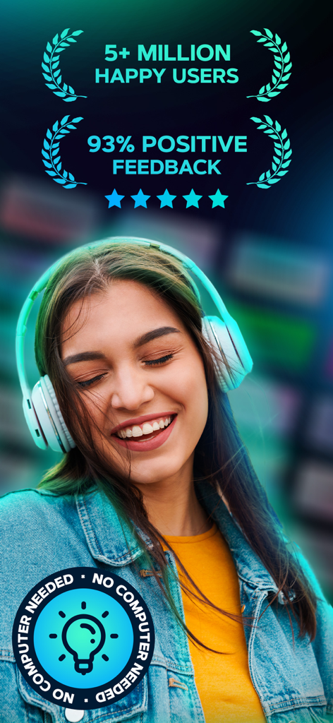 A smiling young woman wearing headphones with text showing five million happy users and a no computer needed badge for the ringtone app
