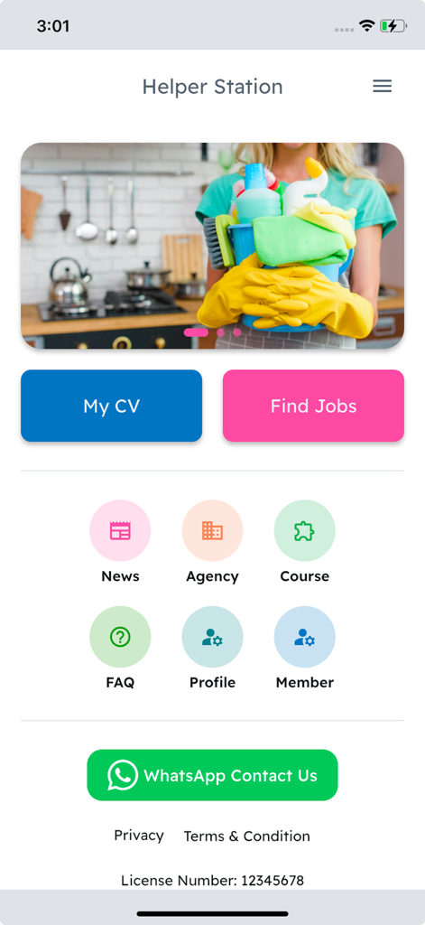 Helper Station - Pantalla de inicio de la aplicación Helper Station mostrando opciones para encontrar trabajos y gestionar la contratación de ayudantes domésticos