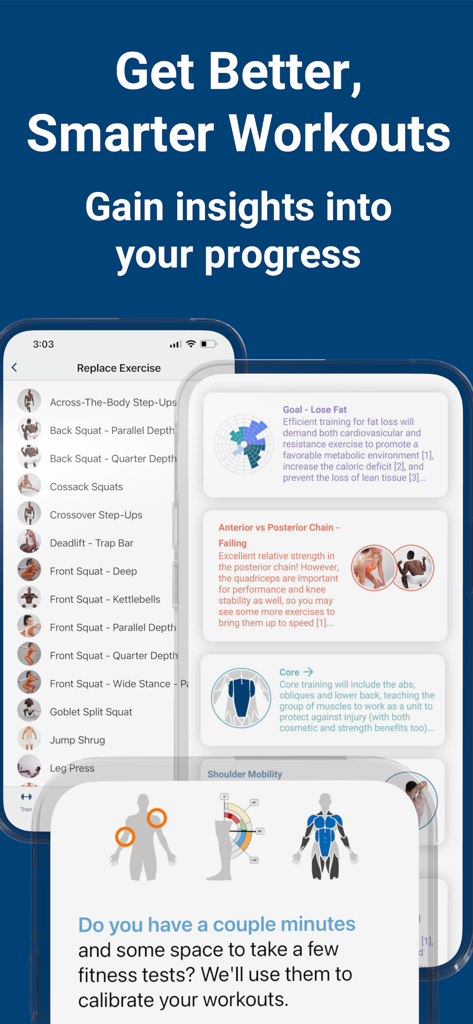 Interface do aplicativo BodBot AI Personal Trainer mostrando insights de progresso de fitness e avaliações corporais.