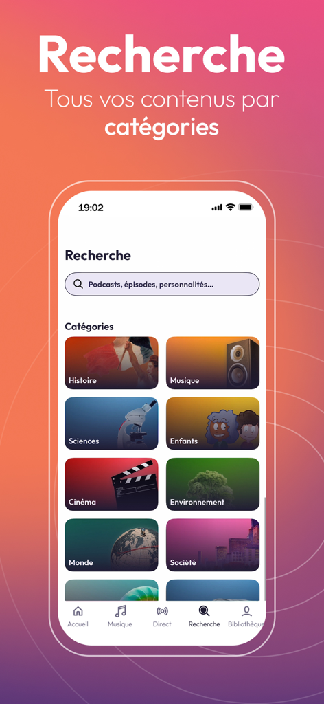 Radio France app search screen featuring categories like history, music, and science