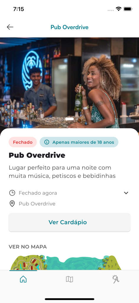 Information screen for Pub Overdrive in the Amarante Hoteis app showing bar details and menu access