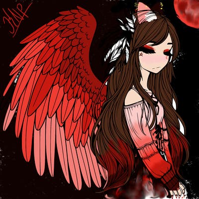 realistic girl with bird wings and some feathers in her hair