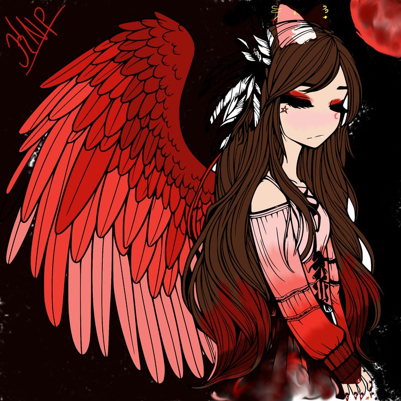 realistic girl with bird wings and some feathers in her hair