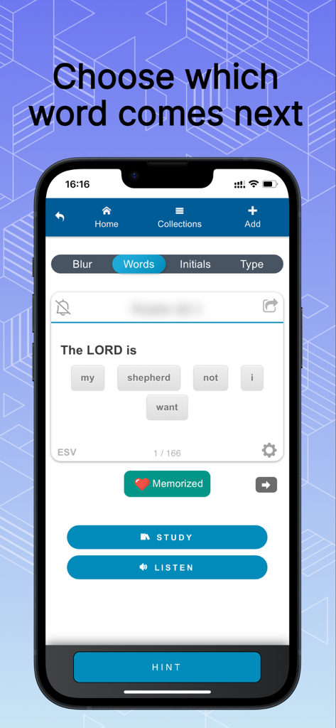 Bible Memory app interface showing a multiple choice exercise to choose the next word in a scripture verse.
