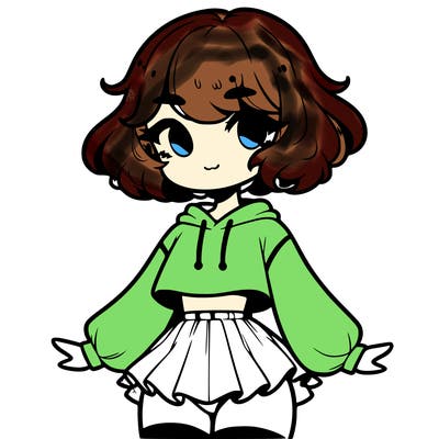 cute femboy with short, fluffy hair that softly frames their face, wearing a cropped hoodie, paired with a flouncy short skirt, and thigh-high stockings