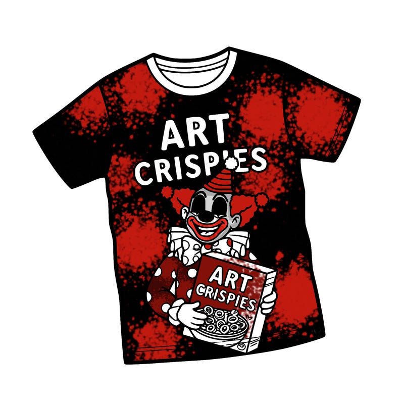 shirt that says art crispies with a clown