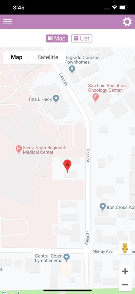Artisan Ally - A map view in the Artisan Ally app displaying medical clinic locations.