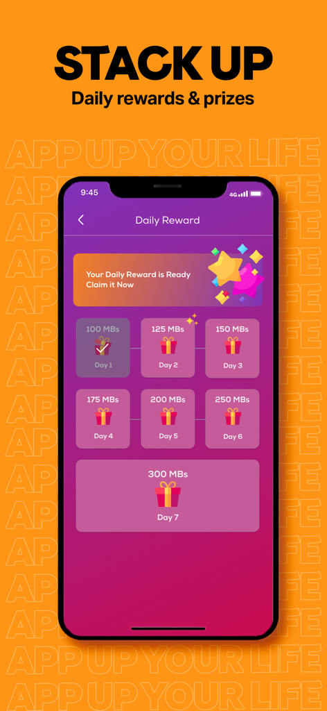 UPTCL- App Up Your Life! - UPTCL app daily rewards screen displaying free data prizes for consecutive logins