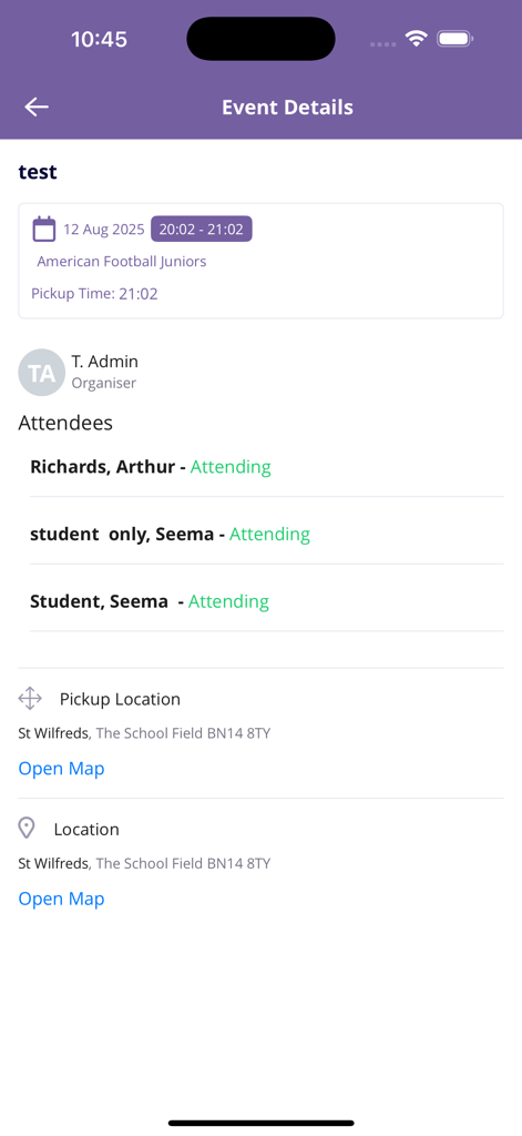 SchoolsBuddy 2.0 app event details screen showing schedule attendees and pickup location for a school sports activity
