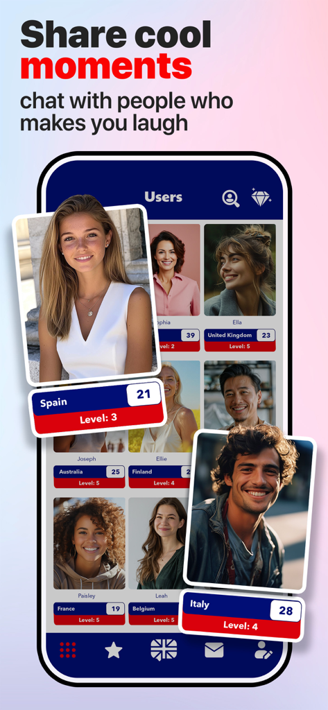 Hello - Talk, chat in English - Hello app screen displaying a community of English learners with their language levels and countries